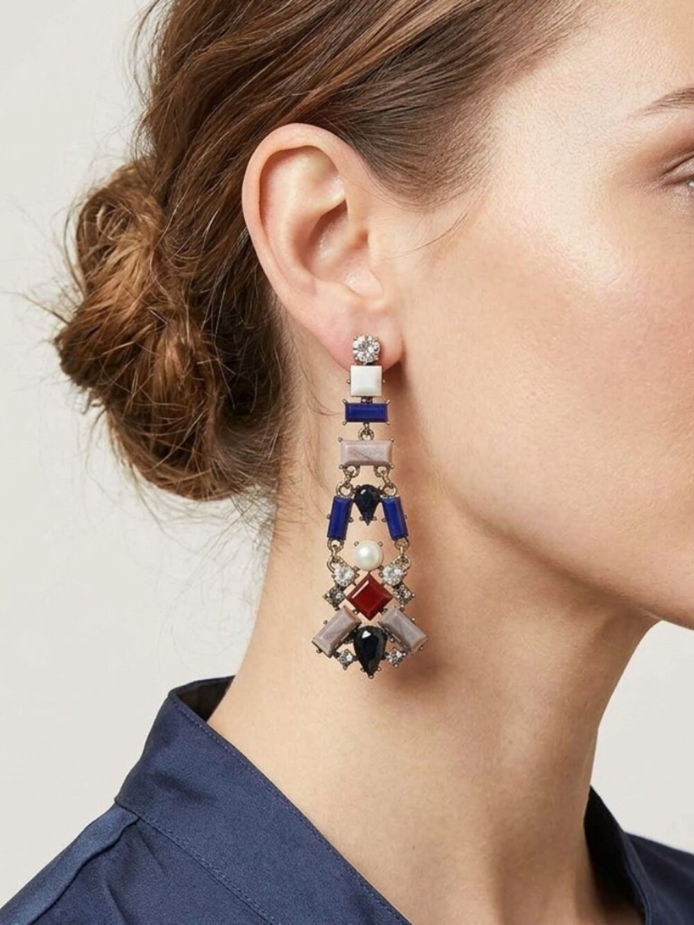 Mauve Navy Burgundy Cream Crystal Silver Tone Chandelier Runway Dangle Earrings